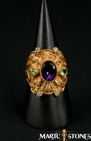 AMETHYST & PERIDOT with diamonds & 18 k gold ring amazing beauty