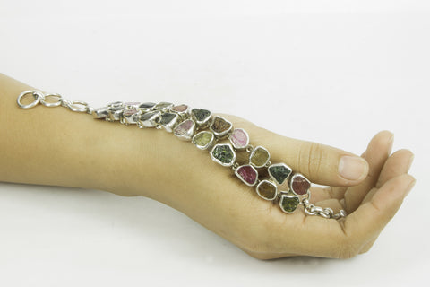 "EARTHLY RAINBOW" multicolored rough tourmaline silver bracelet.