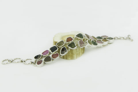 "EARTHLY RAINBOW" multicolored rough tourmaline silver bracelet.
