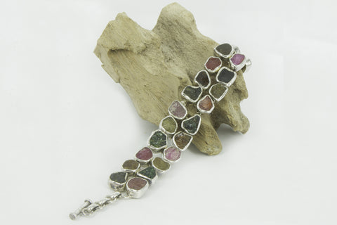 "EARTHLY RAINBOW" multicolored rough tourmaline silver bracelet.
