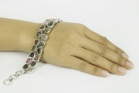 "EARTHLY RAINBOW" multicolored rough tourmaline silver bracelet.