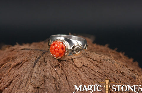 CARVED RED ITALIAN CORAL silver & gold "crop circle" ring