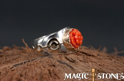 CARVED RED ITALIAN CORAL silver & gold "crop circle" ring