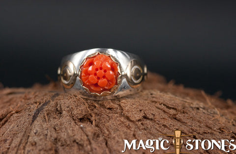 CARVED RED ITALIAN CORAL silver & gold "crop circle" ring