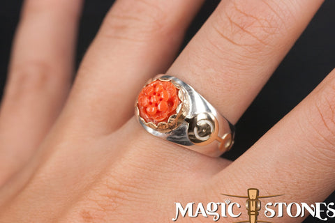 CARVED RED ITALIAN CORAL silver & gold "crop circle" ring