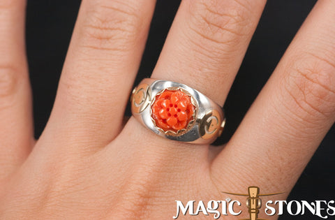 CARVED RED ITALIAN CORAL silver & gold "crop circle" ring