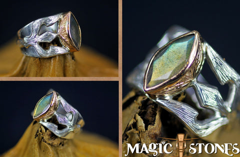 LABRADORIT silver & gold "trishula of shiva" ring