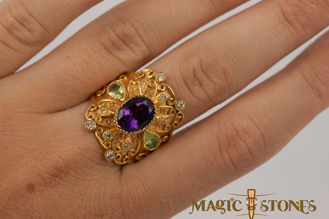 AMETHYST & PERIDOT with diamonds & 18 k gold ring amazing beauty