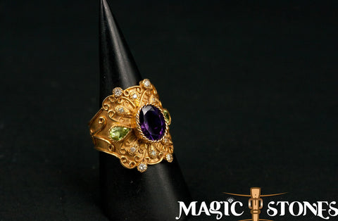 AMETHYST & PERIDOT with diamonds & 18 k gold ring amazing beauty