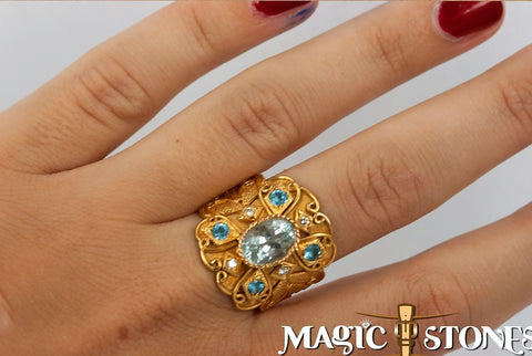 AQUAMARINE & BLUE TOPAZ with diamonds & 18 k gold ring