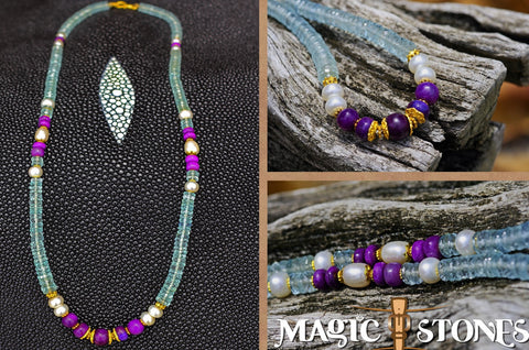 AQUAMARINE & SUGILITE , with japanese pearls and 18 k gold Mala necklace