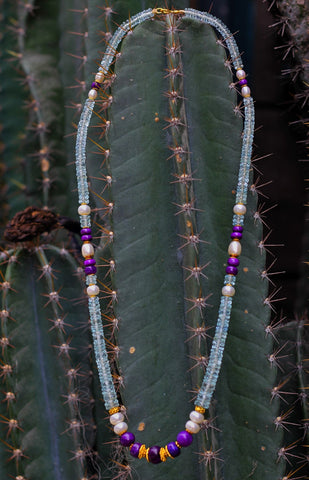 AQUAMARINE & SUGILITE , with japanese pearls and 18 k gold Mala necklace