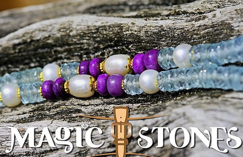 AQUAMARINE & SUGILITE , with japanese pearls and 18 k gold Mala necklace