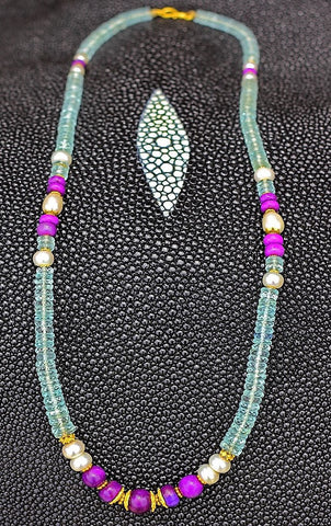 AQUAMARINE & SUGILITE , with japanese pearls and 18 k gold Mala necklace