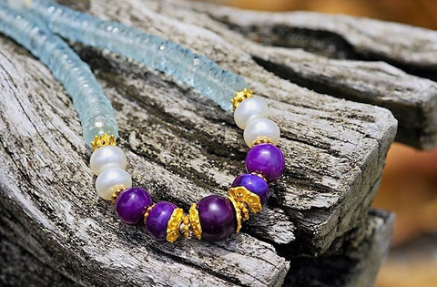 AQUAMARINE & SUGILITE , with japanese pearls and 18 k gold Mala necklace