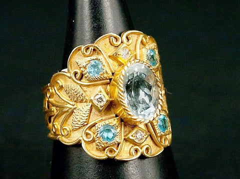 AQUAMARINE & BLUE TOPAZ with diamonds & 18 k gold ring
