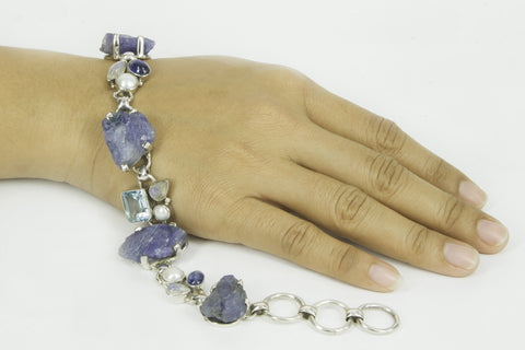 “ROUGH WATER” rough Tanzaniate and gems silver bracelet.