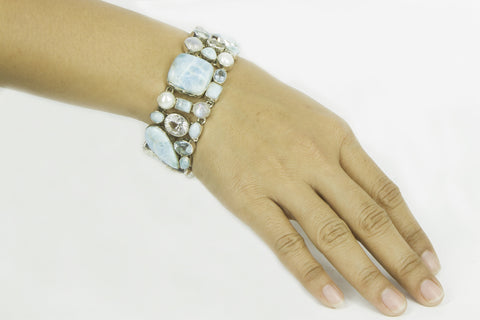 "ATLANTIS" larimar , blue topaz, rainbow moonstone, crystal quarts and pearl silver bracelet
