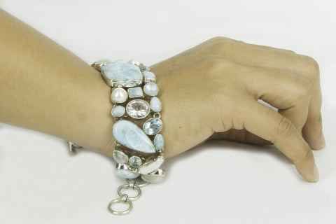 "ATLANTIS" larimar , blue topaz, rainbow moonstone, crystal quarts and pearl silver bracelet