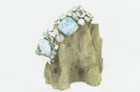 "ATLANTIS" larimar , blue topaz, rainbow moonstone, crystal quarts and pearl silver bracelet