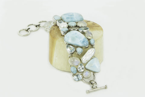 "ATLANTIS" larimar , blue topaz, rainbow moonstone, crystal quarts and pearl silver bracelet