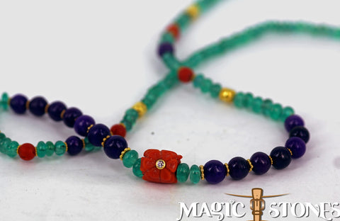 EMERALDS & SUGILTE with carved red coral & diamond 18k gold beads Mala