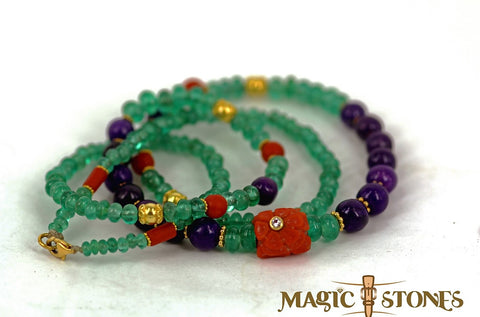 EMERALDS & SUGILTE with carved red coral & diamond 18k gold beads Mala