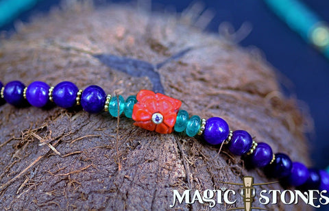 EMERALDS & SUGILTE with carved red coral & diamond 18k gold beads Mala