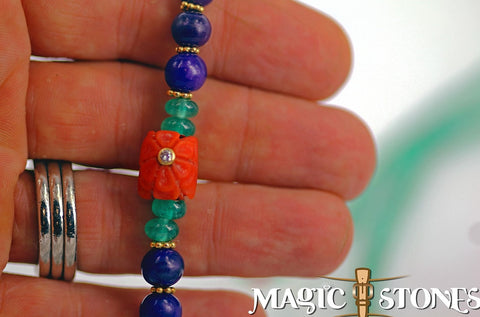 EMERALDS & SUGILTE with carved red coral & diamond 18k gold beads Mala