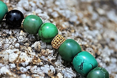 TIBET OLD TORQUOISE & BLACK CORAL with 18k gold beads Mala necklace