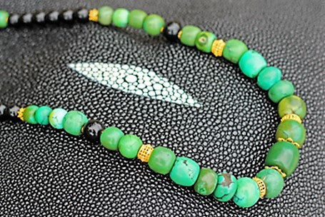 TIBET OLD TORQUOISE & BLACK CORAL with 18k gold beads Mala necklace