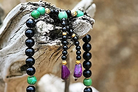 TIBET OLD TORQUOISE & BLACK CORAL with 18k gold beads Mala necklace