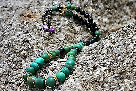 TIBET OLD TORQUOISE & BLACK CORAL with 18k gold beads Mala necklace