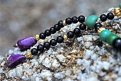 TIBET OLD TORQUOISE & BLACK CORAL with 18k gold beads Mala necklace