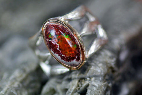 MEXICAN OPAL silver & gold  "Trishula of Shiva" ring