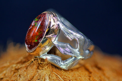 MEXICAN OPAL silver & gold  "Trishula of Shiva" ring
