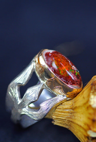 MEXICAN OPAL silver & gold  "Trishula of Shiva" ring