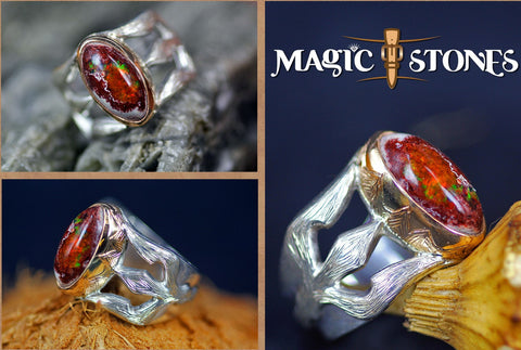 MEXICAN OPAL silver & gold  "Trishula of Shiva" ring