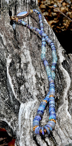 AUSTRALIAN OPAL & AQUAMARINE  with 18 k gold beads Tibetan Mala