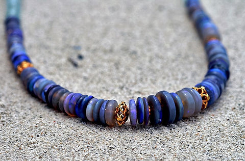 AUSTRALIAN OPAL & AQUAMARINE  with 18 k gold beads Tibetan Mala