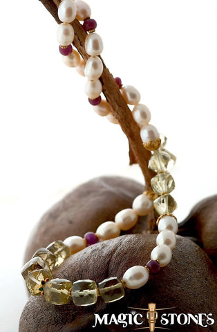 LEMON TOPAZ & RUBY, pearls & gold beads Mala