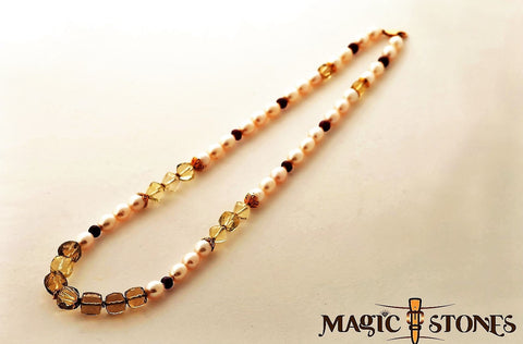 LEMON TOPAZ & RUBY, pearls & gold beads Mala