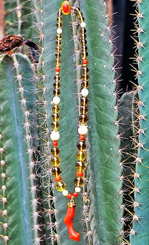 SMOKY TOPAZ & RED CORAL with Mamoth ivory & 18k gold beads Mala