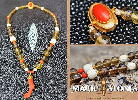 SMOKY TOPAZ & RED CORAL with Mamoth ivory & 18k gold beads Mala