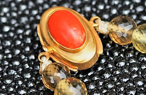 SMOKY TOPAZ & RED CORAL with Mamoth ivory & 18k gold beads Mala