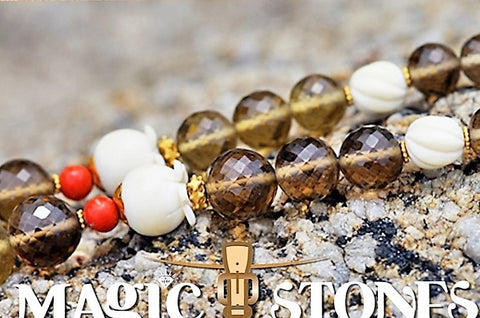 SMOKY TOPAZ & RED CORAL with Mamoth ivory & 18k gold beads Mala