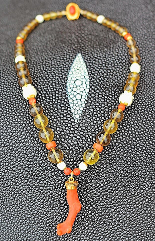 SMOKY TOPAZ & RED CORAL with Mamoth ivory & 18k gold beads Mala