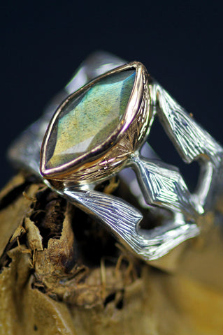 LABRADORIT silver & gold "trishula of shiva" ring