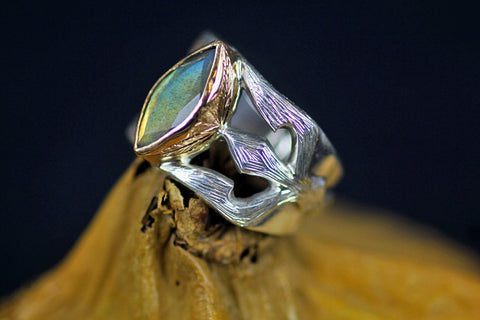 LABRADORIT silver & gold "trishula of shiva" ring