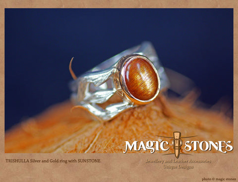 SUN STONE silver & gold "trishula of shiva" ring